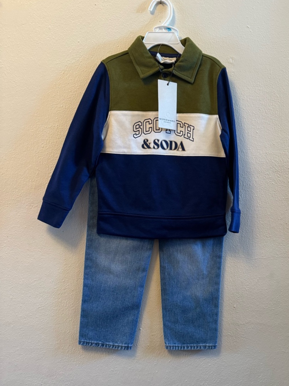 Scotch & Soda Kids Colorblock Polo French Terry Denim Pant 2-Pc Set Size 5